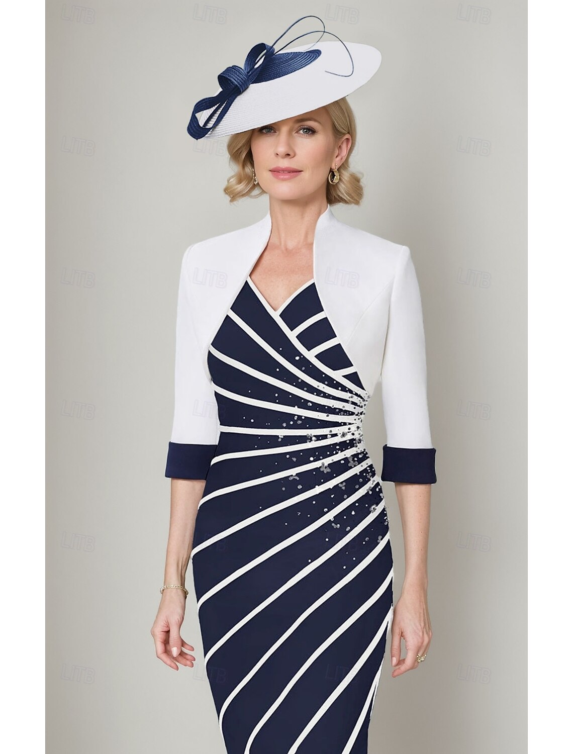 Buyishang Two Piece Sheath Mother of the Bride Dress Elegant V Neck Knee Length Stretch Fabric Cap Sleeve Jacket Dresses with Crystals Color Block